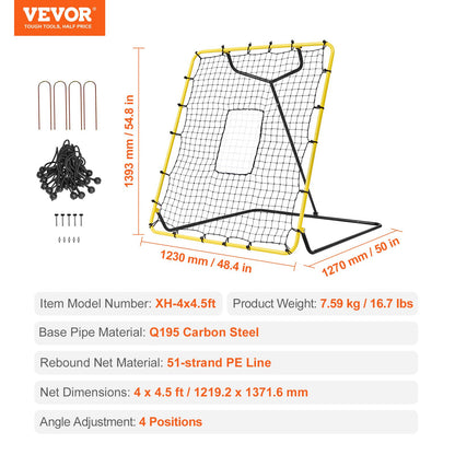 Baseball and Softball Rebounder Net 4x4.5 Ft PitchBack Adjustable Angles