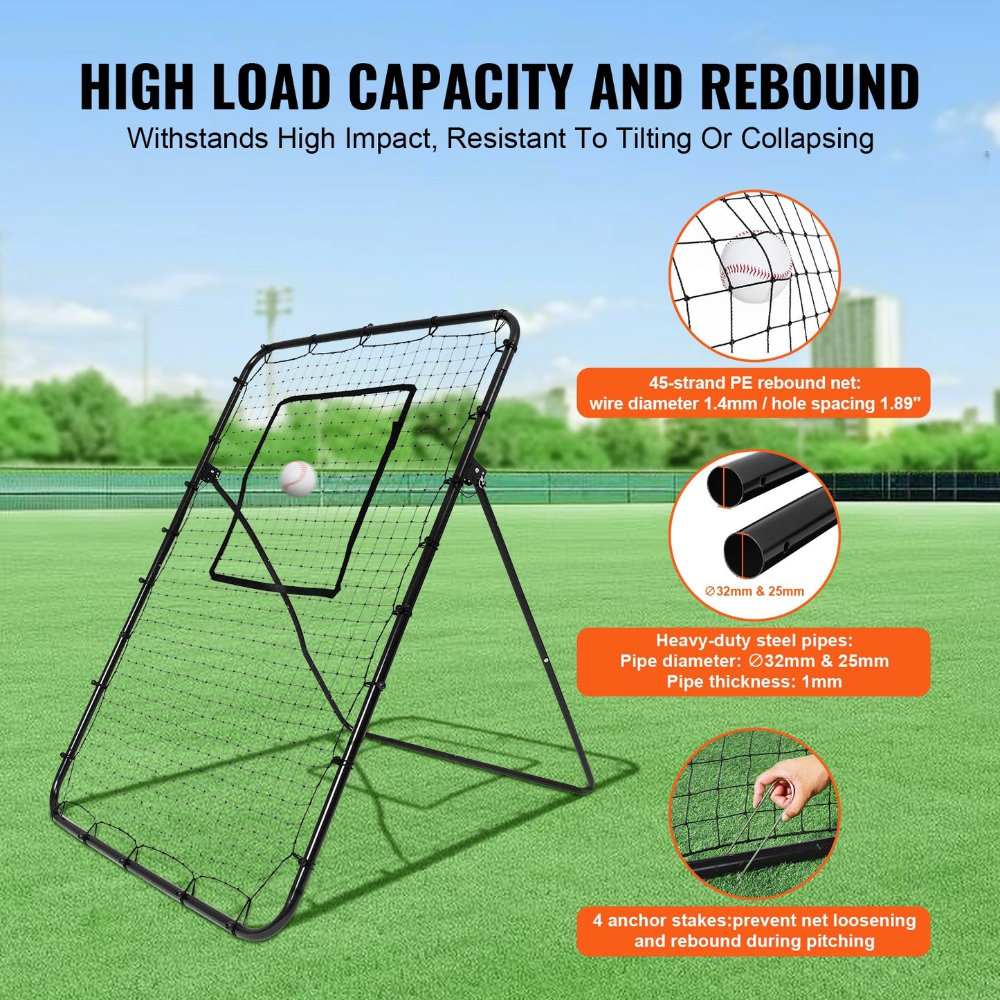 Baseball och Softball Rebounder Net 4x6 Ft PitchBack justerbara vinklar
