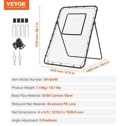 Baseball och Softball Rebounder Net 4x6 Ft PitchBack justerbara vinklar