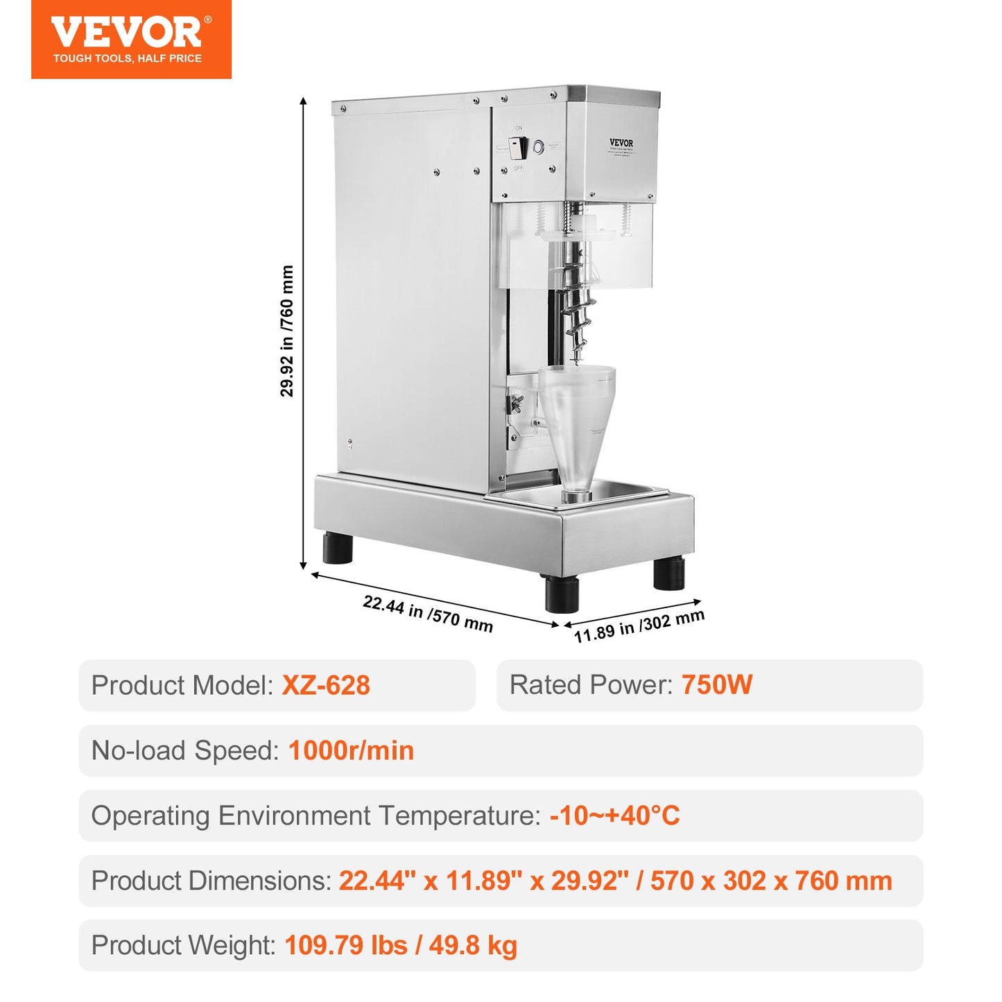 Ice Cream Mixer 750W Glass Mixer Omrörningsmaskin 304 Rostfritt stål