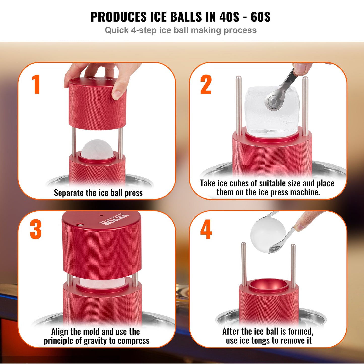 Ice Ball Press, 2.4" Ice Ball Maker, Aircraft Al Alloy Ice Ball Press Kit for 60mm Ice Sphere, Ice Press with Tongs and Drip Tray, for Whiskey, Cocktail, Bourbon, Scotch on Party &amp; Holiday, Red