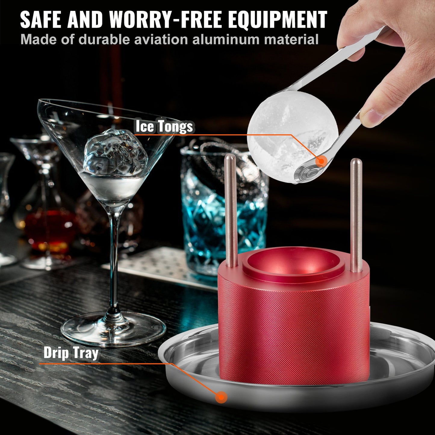 Ice Ball Press, 2.4" Ice Ball Maker, Aircraft Al Alloy Ice Ball Press Kit for 60mm Ice Sphere, Ice Press with Tongs and Drip Tray, for Whiskey, Cocktail, Bourbon, Scotch on Party &amp; Holiday, Red