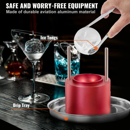 Ice Ball Press, 2.4" Ice Ball Maker, Aircraft Al Alloy Ice Ball Press Kit for 60mm Ice Sphere, Ice Press with Tongs and Drip Tray, for Whiskey, Cocktail, Bourbon, Scotch on Party &amp; Holiday, Red