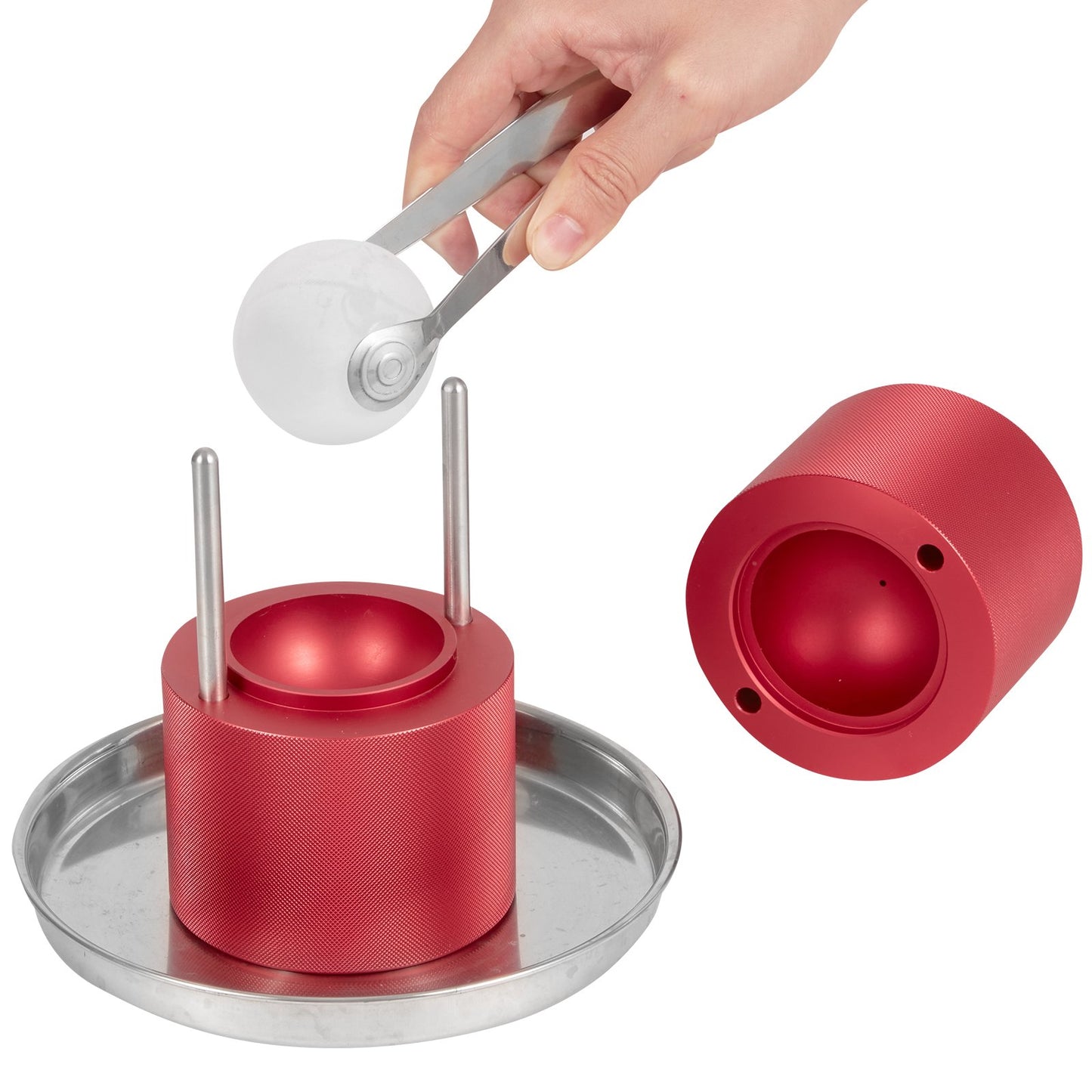 Ice Ball Press, 2.4" Ice Ball Maker, Aircraft Al Alloy Ice Ball Press Kit for 60mm Ice Sphere, Ice Press with Tongs and Drip Tray, for Whiskey, Cocktail, Bourbon, Scotch on Party &amp; Holiday, Red