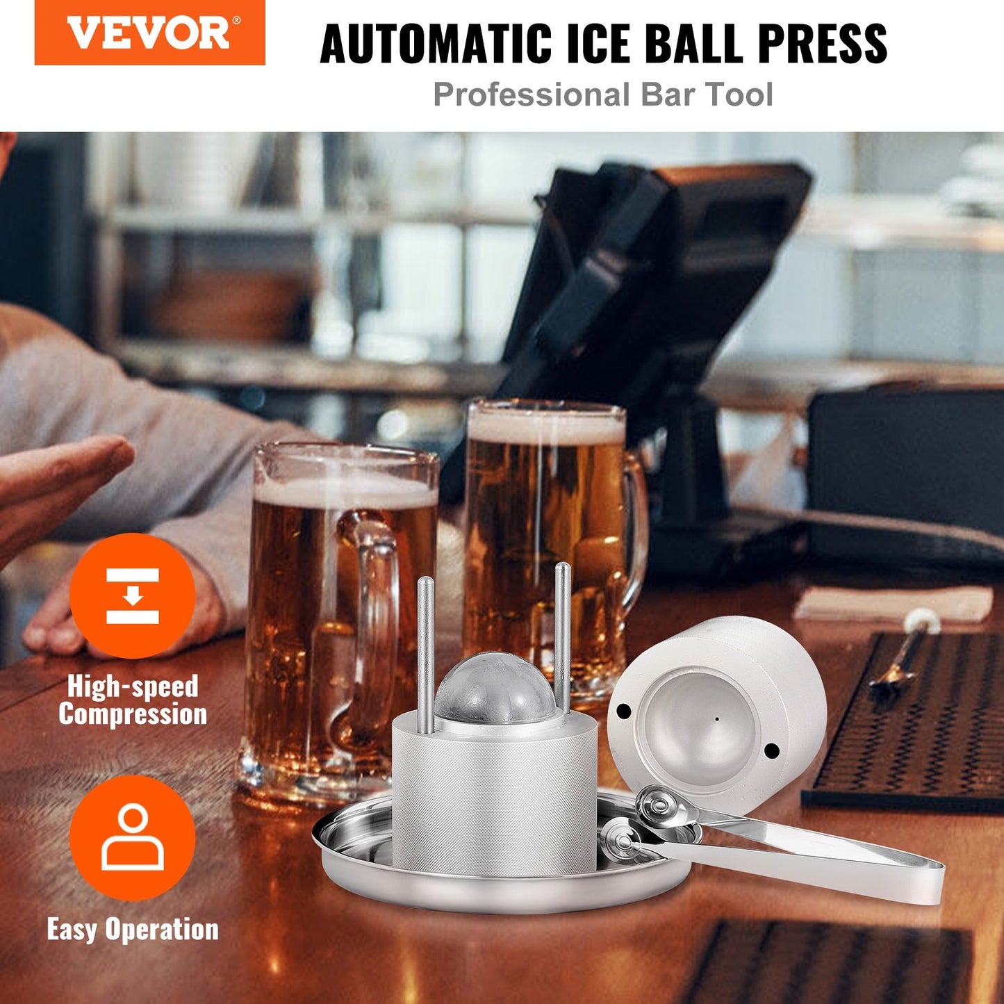 Ice Ball Press Kit, Aircraft Al Alloy Ice Press with Ice Block Mold, Large Mat, Tongs, Drip Tray, One Glass, Round Ice Ball Maker 2.4"/60mm Ice Ball, for Whiskey, Cocktail at Party and Vacation