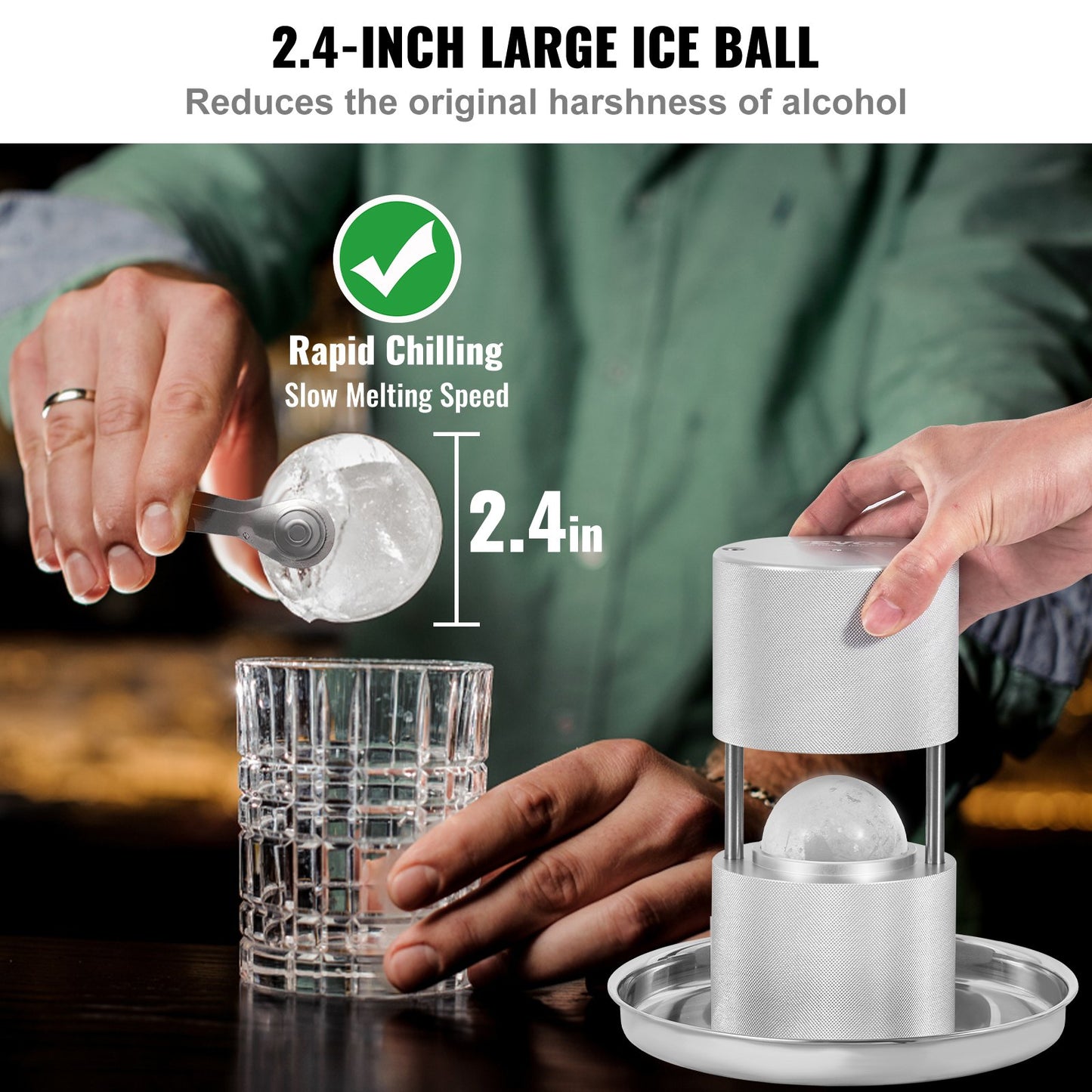 Ice Ball Press Kit, Aircraft Al Alloy Ice Press with Ice Block Mold, Large Mat, Tongs, Drip Tray, One Glass, Round Ice Ball Maker 2.4"/60mm Ice Ball, for Whiskey, Cocktail at Party and Vacation