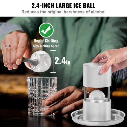 Ice Ball Press Kit, Aircraft Al Alloy Ice Press with Ice Block Mold, Large Mat, Tongs, Drip Tray, One Glass, Round Ice Ball Maker 2.4"/60mm Ice Ball, for Whiskey, Cocktail at Party and Vacation