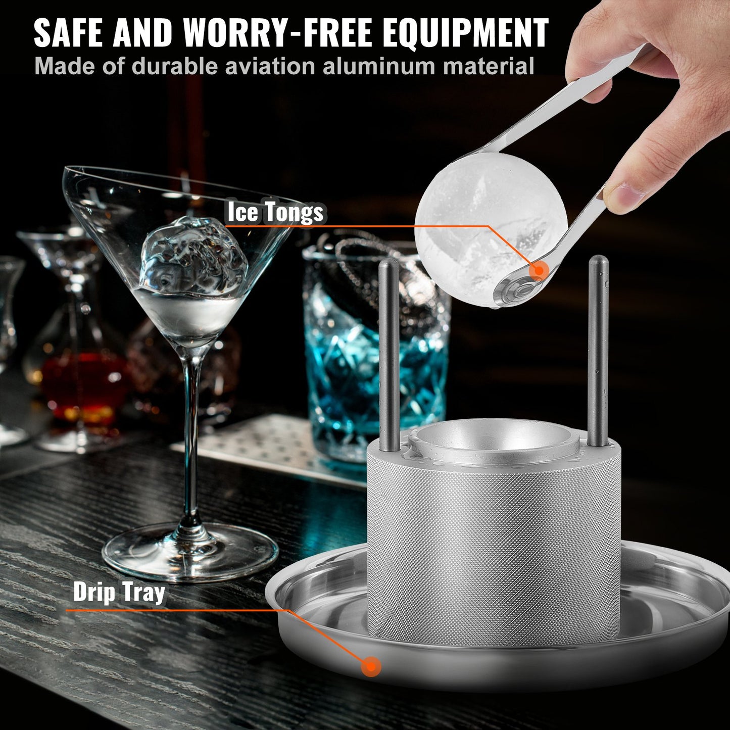 Ice Ball Press Kit, Aircraft Al Alloy Ice Press with Ice Block Mold, Large Mat, Tongs, Drip Tray, One Glass, Round Ice Ball Maker 2.4"/60mm Ice Ball, for Whiskey, Cocktail at Party and Vacation