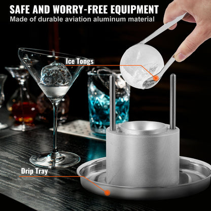 Ice Ball Press Kit, Aircraft Al Alloy Ice Press with Ice Block Mold, Large Mat, Tongs, Drip Tray, One Glass, Round Ice Ball Maker 2.4"/60mm Ice Ball, for Whiskey, Cocktail at Party and Vacation