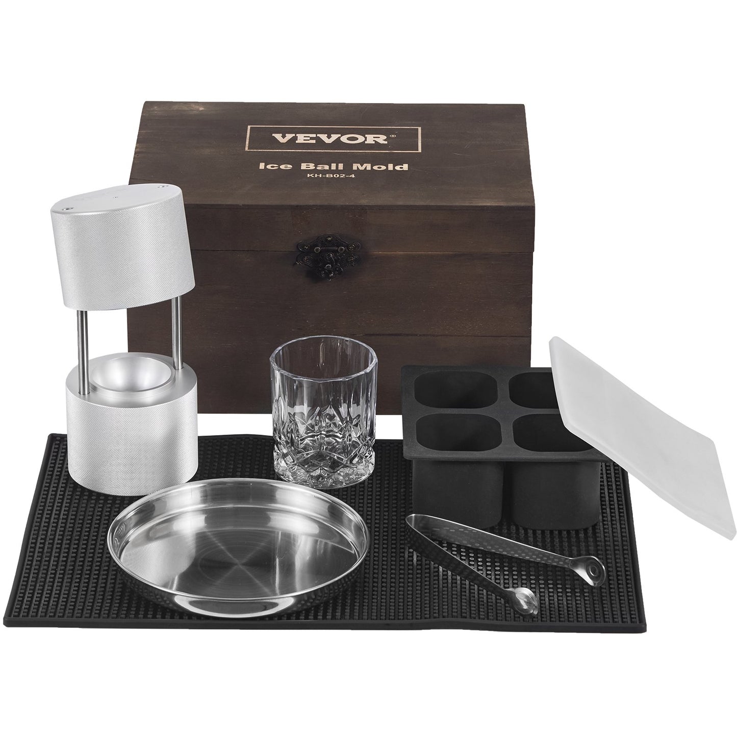 Ice Ball Press Kit, Aircraft Al Alloy Ice Press with Ice Block Mold, Large Mat, Tongs, Drip Tray, One Glass, Round Ice Ball Maker 2.4"/60mm Ice Ball, for Whiskey, Cocktail at Party and Vacation