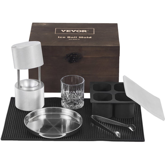 Ice Ball Press Kit, Aircraft Al Alloy Ice Press with Ice Block Mold, Large Mat, Tongs, Drip Tray, One Glass, Round Ice Ball Maker 2.4"/60mm Ice Ball, for Whiskey, Cocktail at Party and Vacation