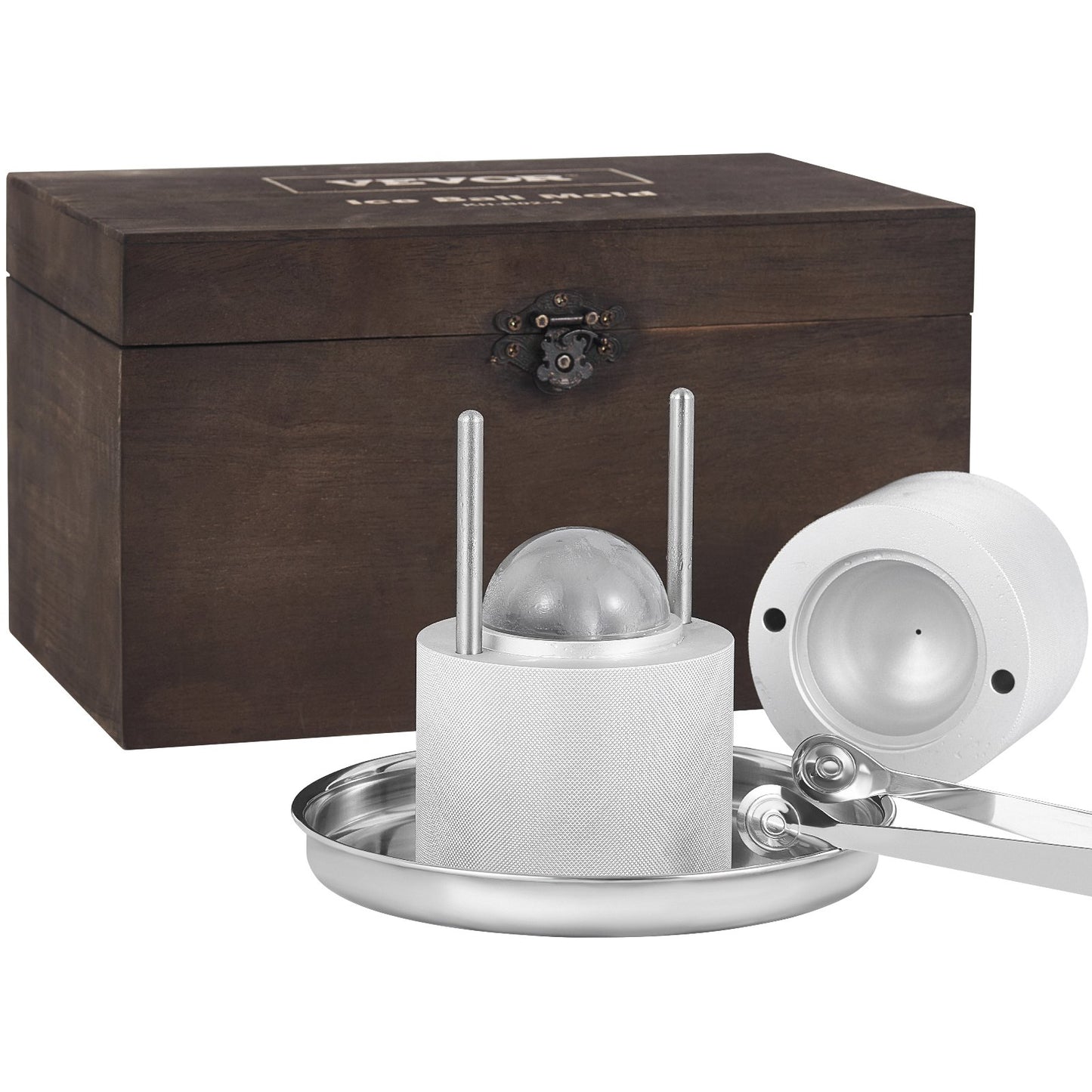 Ice Ball Press Kit, Aircraft Al Alloy Ice Press with Ice Block Mold, Large Mat, Tongs, Drip Tray, One Glass, Round Ice Ball Maker 2.4"/60mm Ice Ball, for Whiskey, Cocktail at Party and Vacation