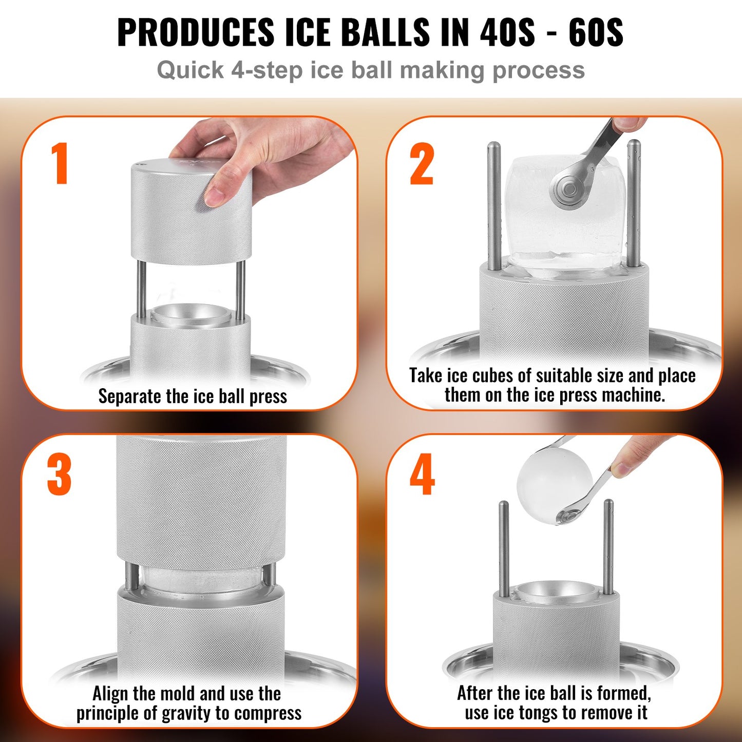 Ice Ball Press, 2.4" Ice Ball Maker, Aircraft Al Alloy Ice Ball Press Kit for 60mm Ice Sphere, Ice Press with Tongs and Drip Tray, for Whiskey, Cocktail, Bourbon, Scotch on Party &amp; Holiday, Silver