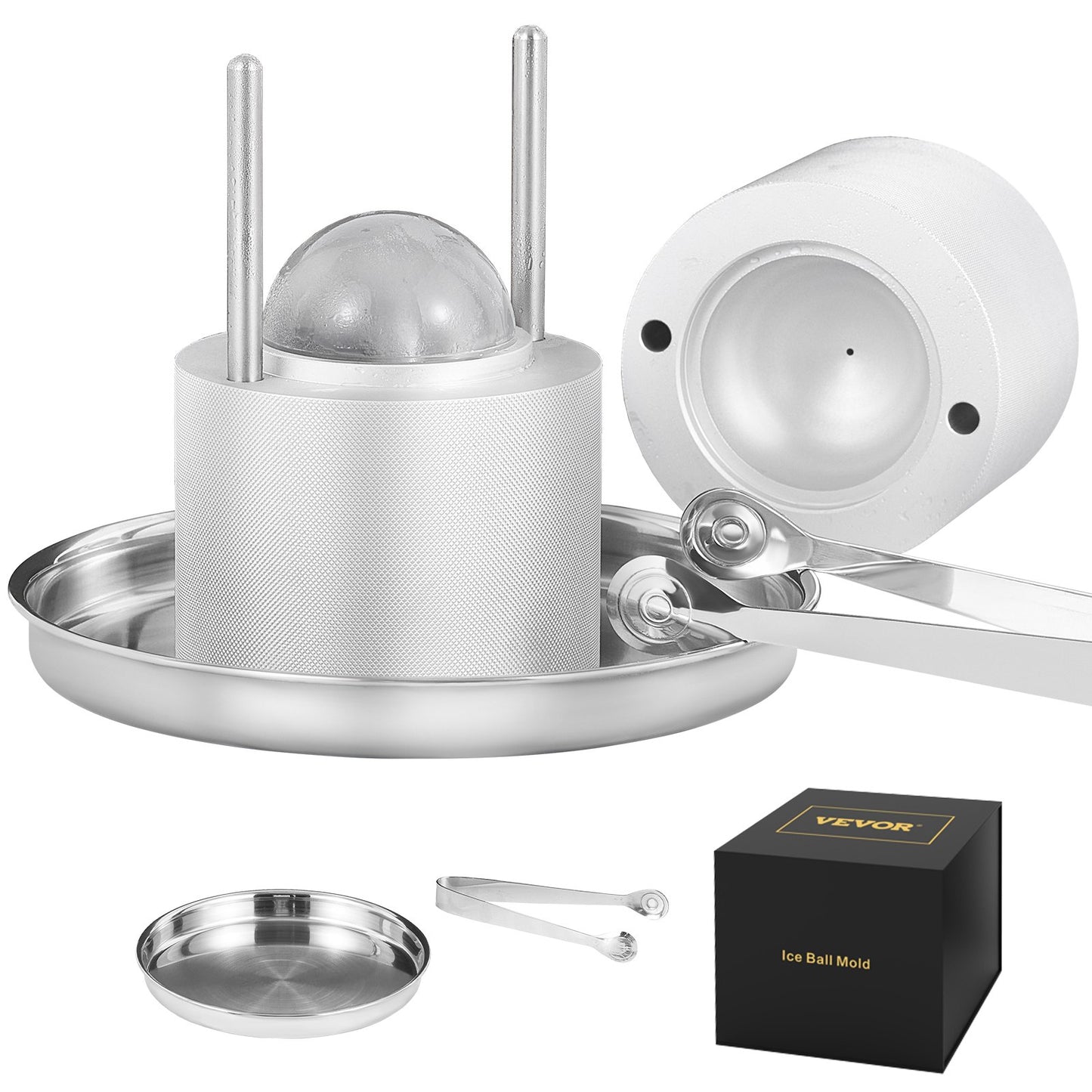 Ice Ball Press, 2.4" Ice Ball Maker, Aircraft Al Alloy Ice Ball Press Kit for 60mm Ice Sphere, Ice Press with Tongs and Drip Tray, for Whiskey, Cocktail, Bourbon, Scotch on Party &amp; Holiday, Silver