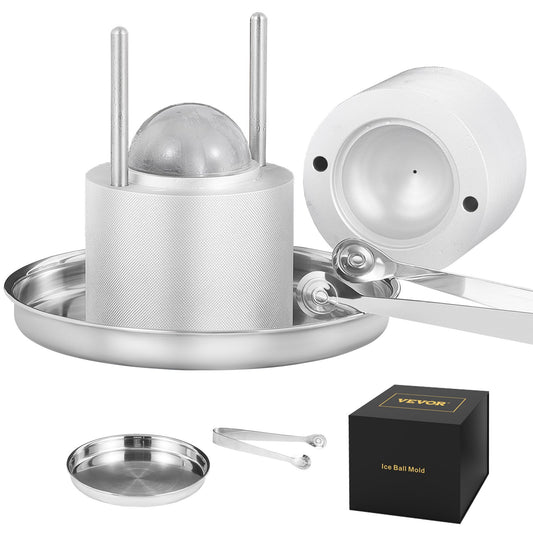 Ice Ball Press, 2.4" Ice Ball Maker, Aircraft Al Alloy Ice Ball Press Kit for 60mm Ice Sphere, Ice Press with Tongs and Drip Tray, for Whiskey, Cocktail, Bourbon, Scotch on Party &amp; Holiday, Silver