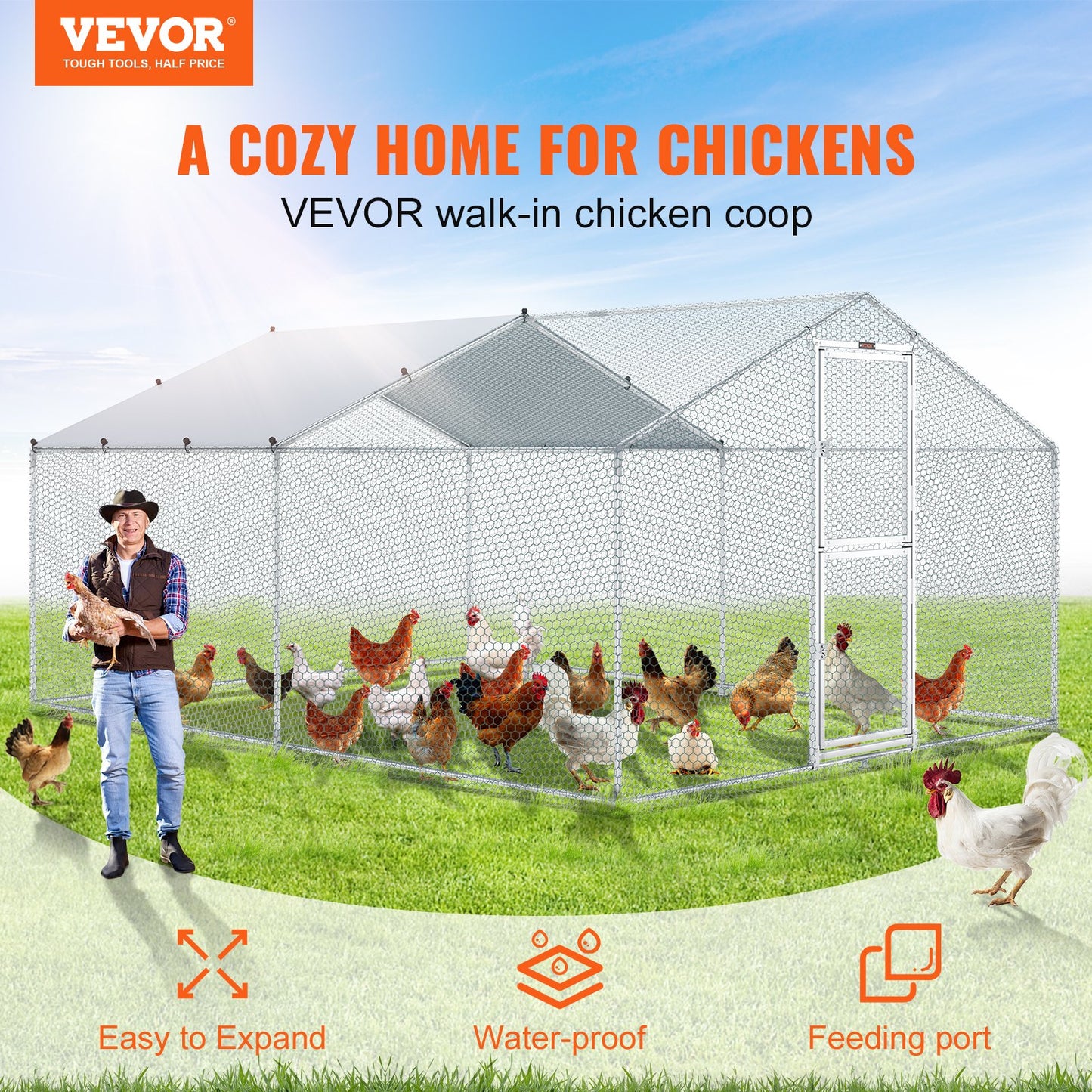 Metal Chicken Coop, 13,1 x 9,8 x 6,6 fot stor hönsgård, topptak utomhus Walk-in fjäderfäbur för gård eller bakgård, med vattentätt lock och skyddsnät, för höna, anka, kanin