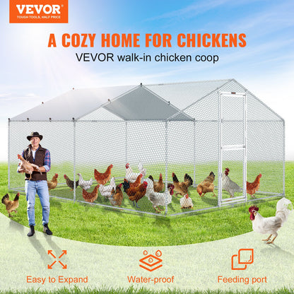Metal Chicken Coop, 13,1 x 9,8 x 6,6 fot stor hönsgård, topptak utomhus Walk-in fjäderfäbur för gård eller bakgård, med vattentätt lock och skyddsnät, för höna, anka, kanin