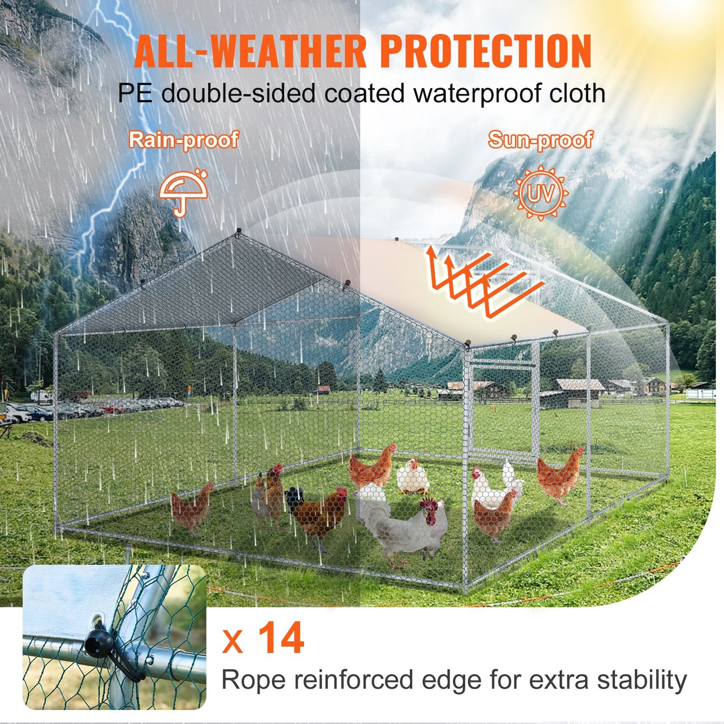 Metal Chicken Coop, 13,1 x 9,8 x 6,6 fot stor hönsgård, topptak utomhus Walk-in fjäderfäbur för gård eller bakgård, med vattentätt lock och skyddsnät, för höna, anka, kanin