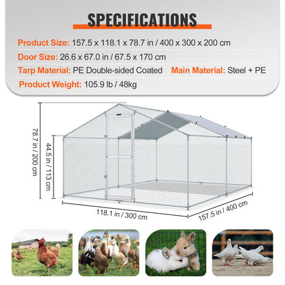 Metal Chicken Coop, 13,1 x 9,8 x 6,6 fot stor hönsgård, topptak utomhus Walk-in fjäderfäbur för gård eller bakgård, med vattentätt lock och skyddsnät, för höna, anka, kanin