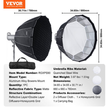 Parabolic Softbox 33 in Quick Release &amp; Quick Fold &amp; Portable