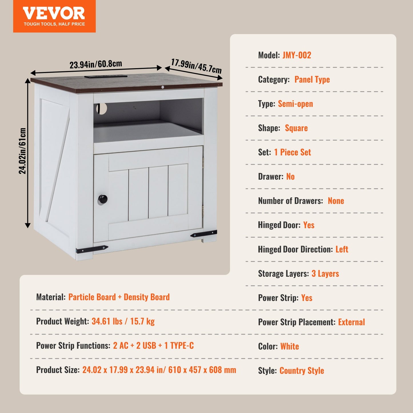 Farmhouse End Table Square Night Stand med USB-portar och uttag Vit