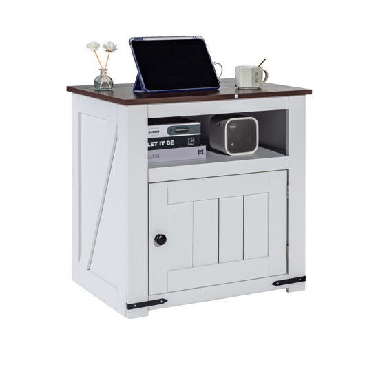 Farmhouse End Table Square Night Stand med USB-portar och uttag Vit
