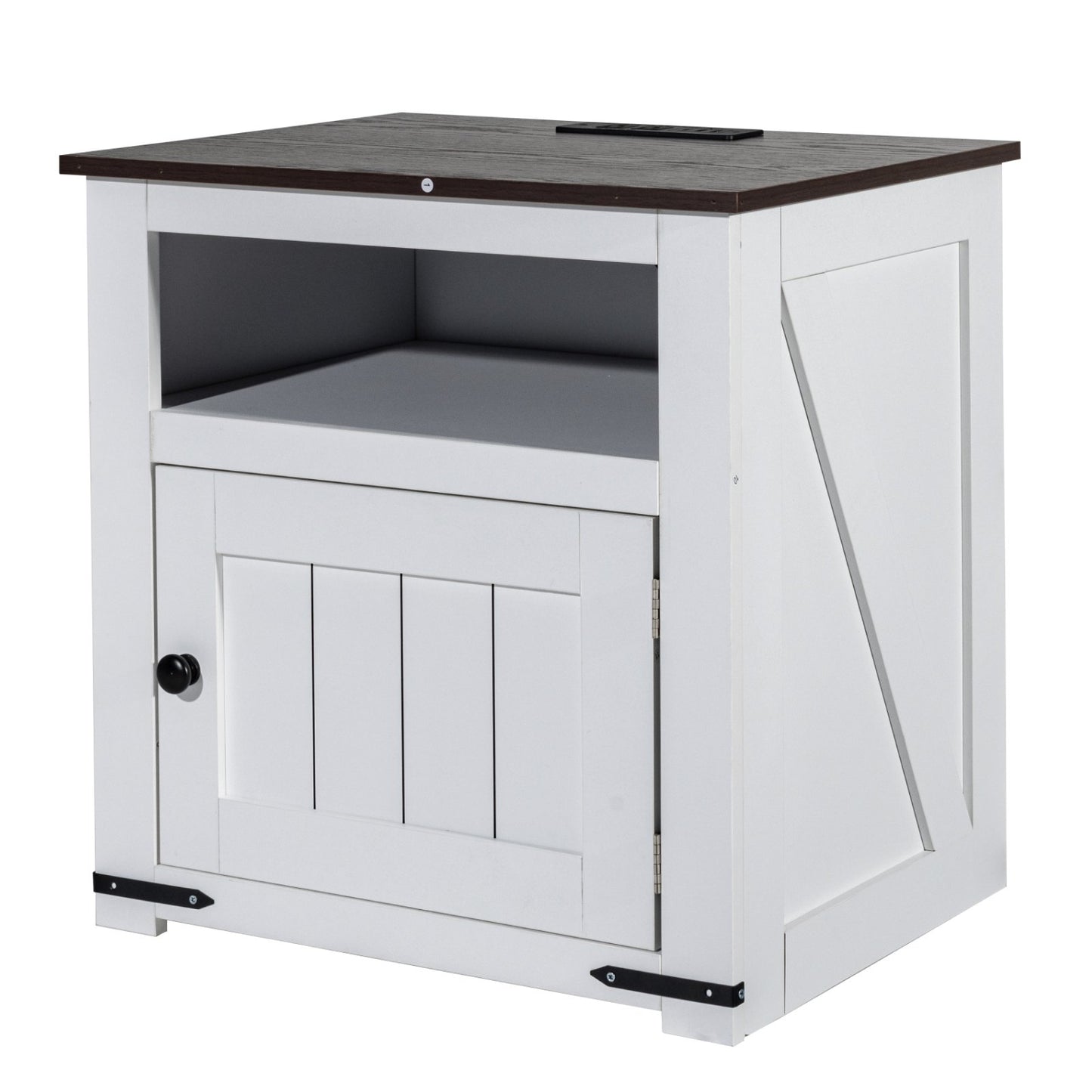 Farmhouse End Table Square Night Stand med USB-portar och uttag Vit