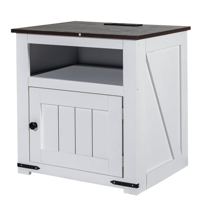 Farmhouse End Table Square Night Stand med USB-portar och uttag Vit