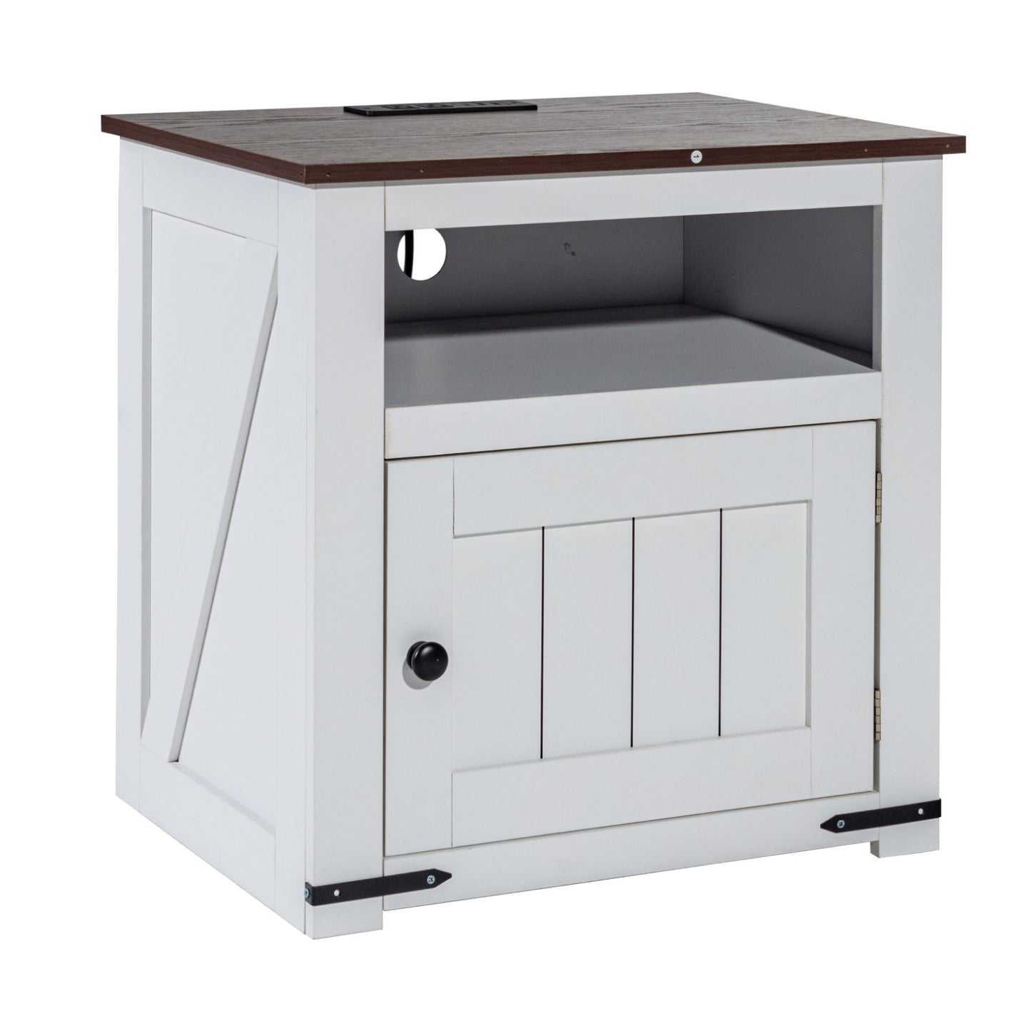 Farmhouse End Table Square Night Stand med USB-portar och uttag Vit