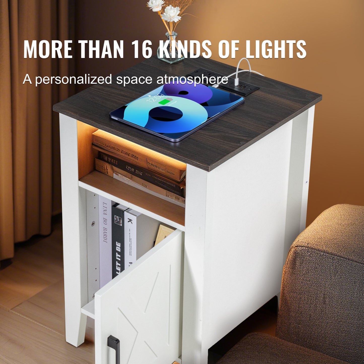 Farmhouse Slutbord Nattbord med USB-uttag LED-ljusset med 2 vita