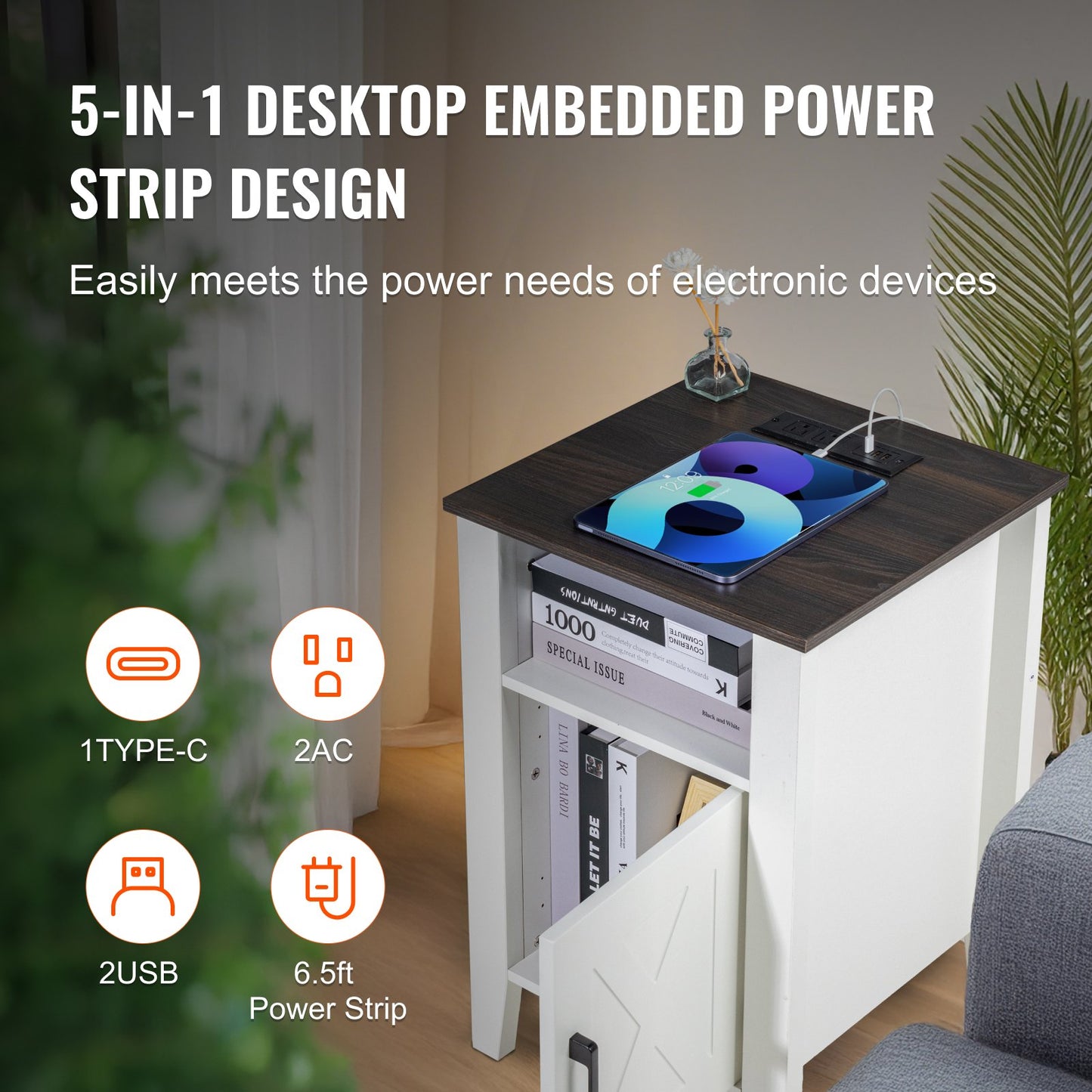 Farmhouse Slutbord Nattbord med USB-uttag LED-ljusset med 2 vita