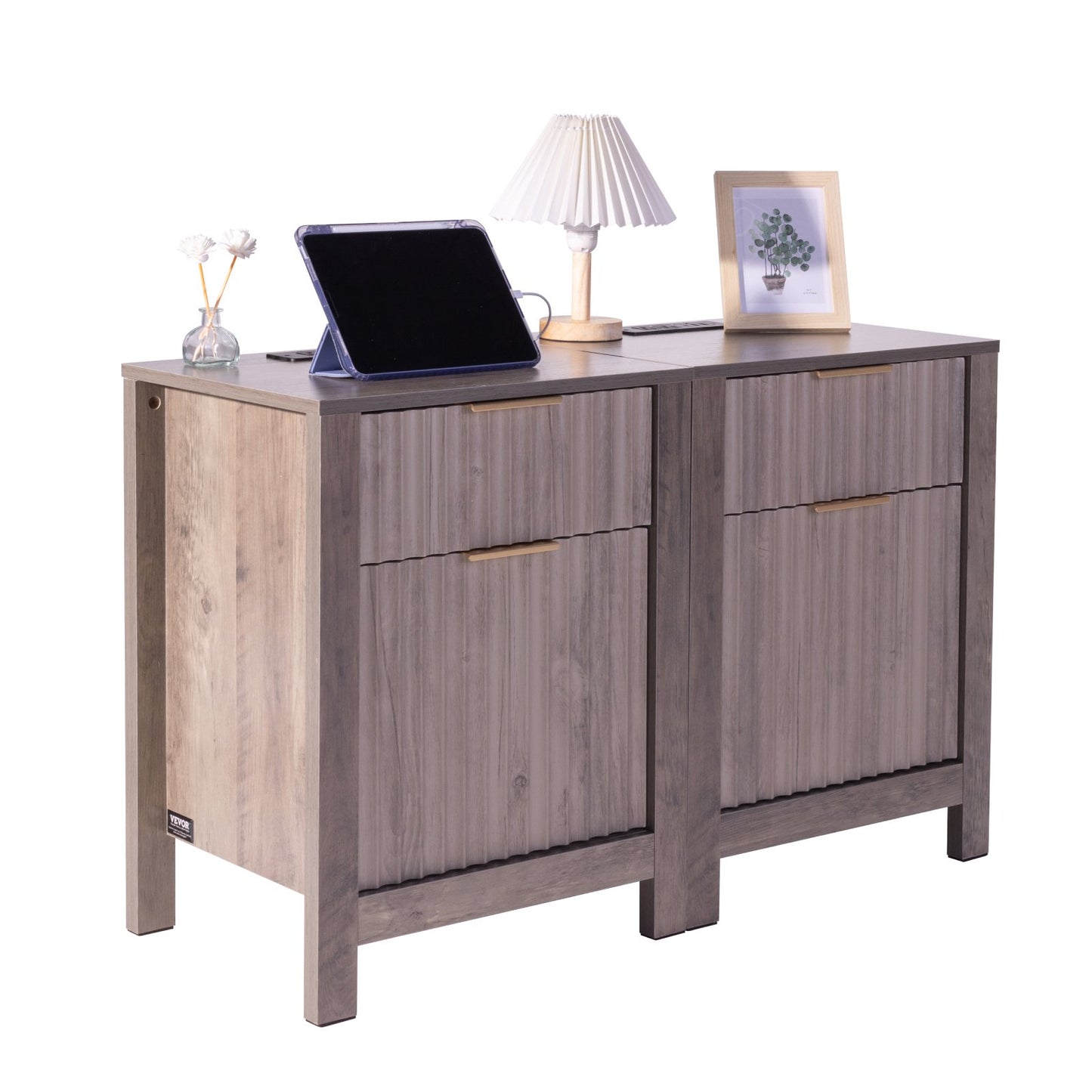 Farmhouse End Bord Square Night Stand med USB & uttag Set med 2 Grå