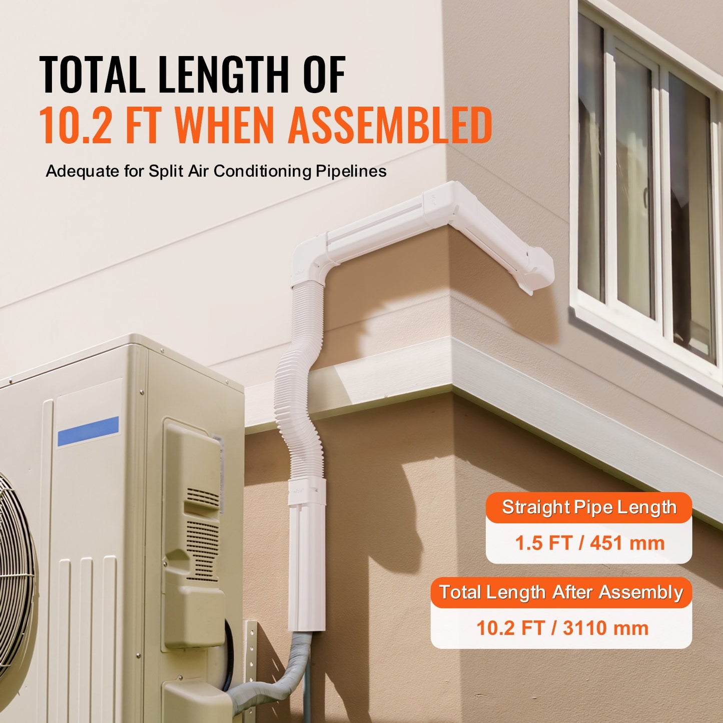 Mini Split Line Set Lock 76,2 mm B 3110 mm L, dekorativt PVC-rörledningsskydd för luftkonditionering med 5 raka kanaler och kompletta komponenter Enkel att installera, målningsbar för värmepumpar, vit