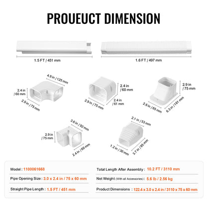 Mini Split Line Set Lock 76,2 mm B 3110 mm L, dekorativt PVC-rörledningsskydd för luftkonditionering med 5 raka kanaler och kompletta komponenter Enkel att installera, målningsbar för värmepumpar, vit