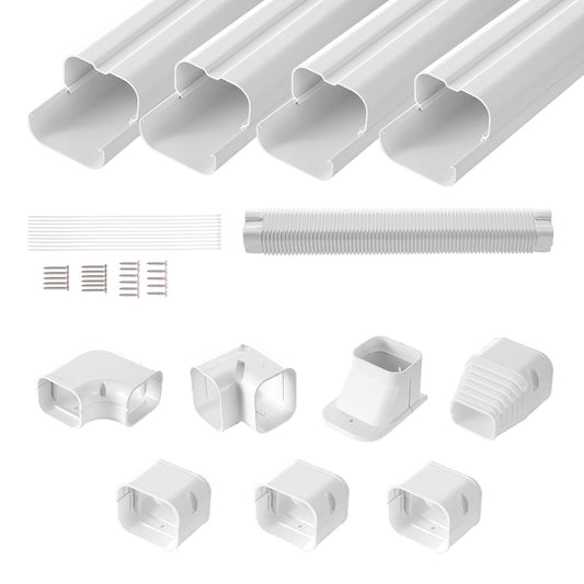 Mini Split Line Set Cover 76.2 mm W 4830 mm L, decorative PVC pipeline cover for air conditioning with 4 straight ducts and complete components Easy to install, paintable for heat pumps, white