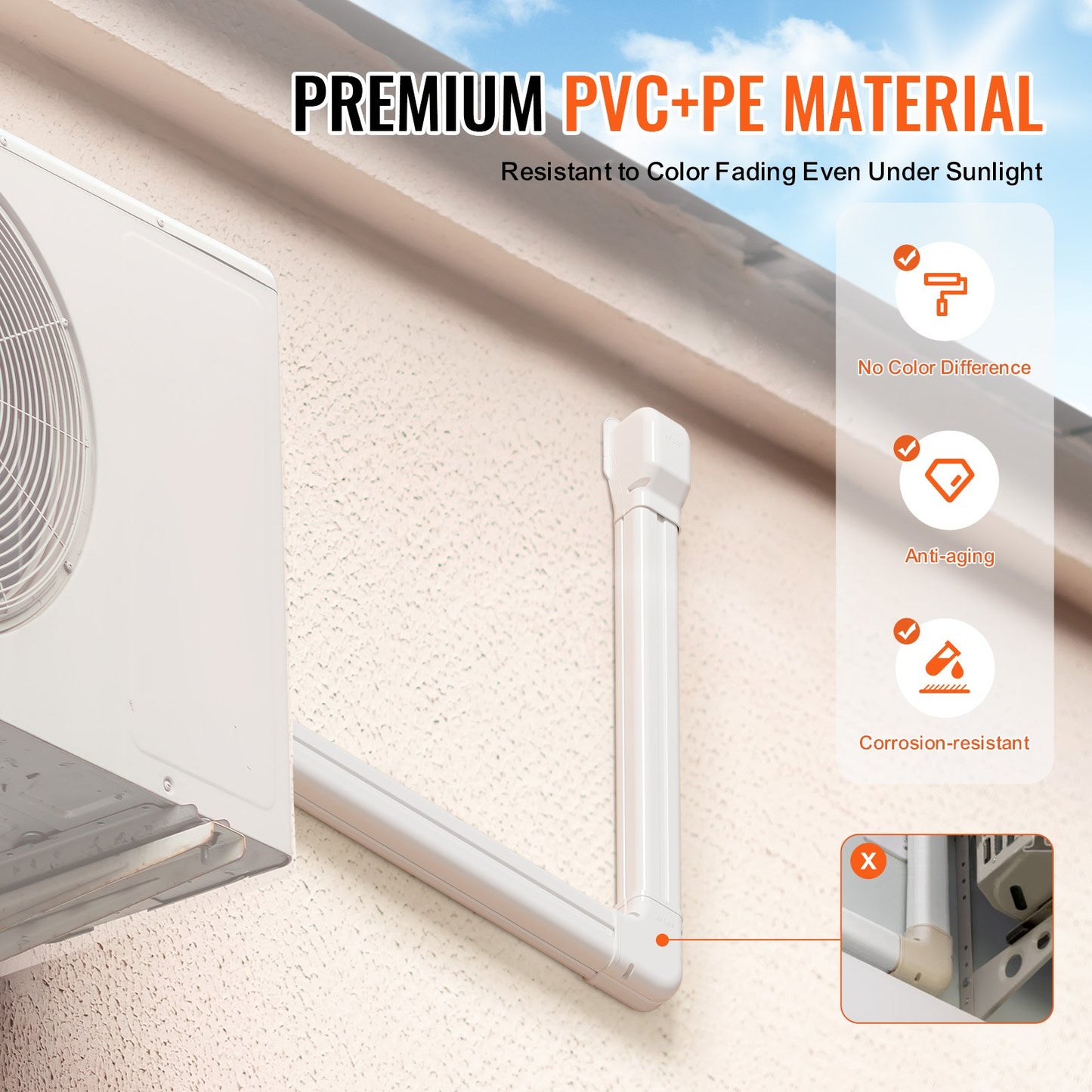 Mini Split Line Set Cover 76.2 mm W 5350 mm L, decorative PVC pipeline cover for air conditioning with 4 straight ducts and complete components Easy to install, paintable for heat pumps, white