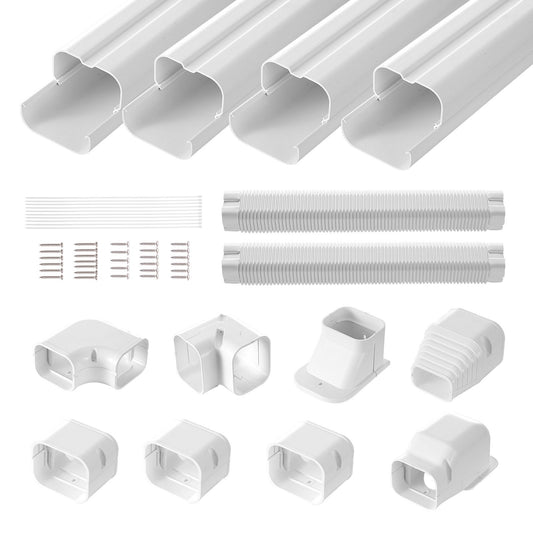 Mini Split Line Set Cover 76.2 mm W 5350 mm L, decorative PVC pipeline cover for air conditioning with 4 straight ducts and complete components Easy to install, paintable for heat pumps, white