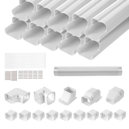 Mini Split Line Set Lock 76,2 mm B 5400 mm L, dekorativt PVC-rörledningsskydd för luftkonditionering med 10 raka kanaler och kompletta komponenter Enkel att installera, målningsbar för värmepumpar, vit