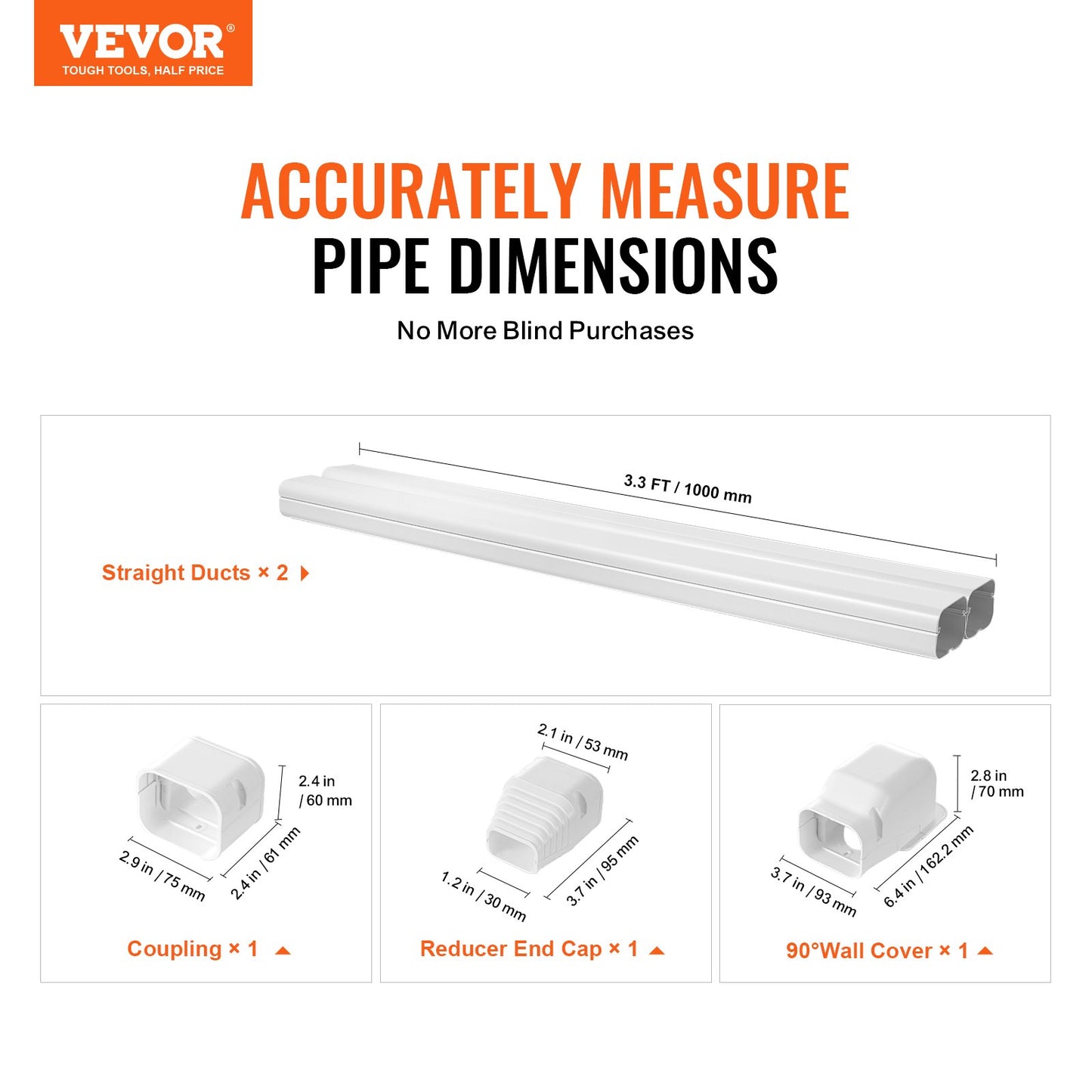 Mini Split Line Set Cover 76.2 mm W 2270 mm L, decorative PVC pipeline cover for air conditioning with 2 straight ducts and complete components Easy to install, paintable for heat pumps, white