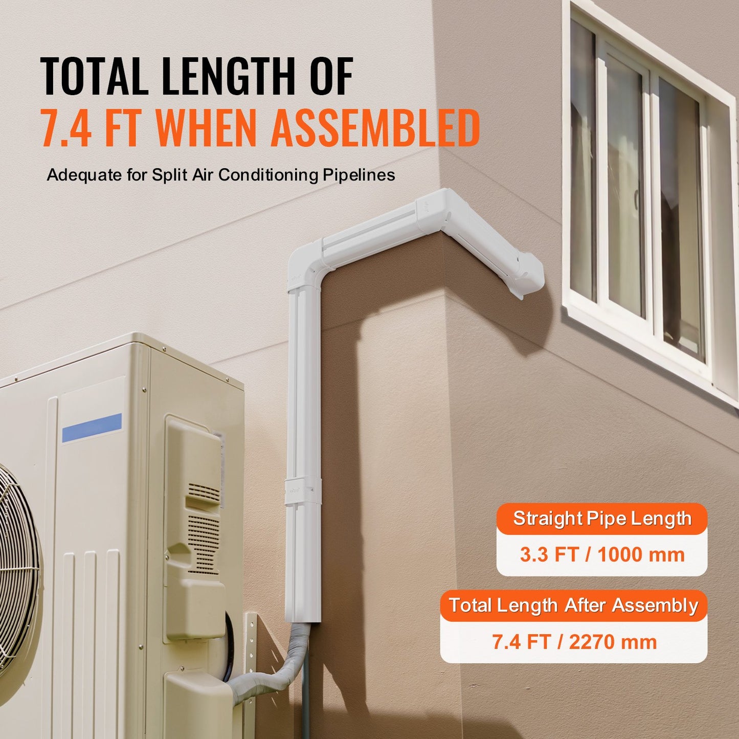 Mini Split Line Set Cover 76.2 mm W 2270 mm L, decorative PVC pipeline cover for air conditioning with 2 straight ducts and complete components Easy to install, paintable for heat pumps, white