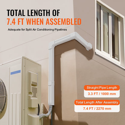 Mini Split Line Set Cover 76.2 mm W 2270 mm L, decorative PVC pipeline cover for air conditioning with 2 straight ducts and complete components Easy to install, paintable for heat pumps, white