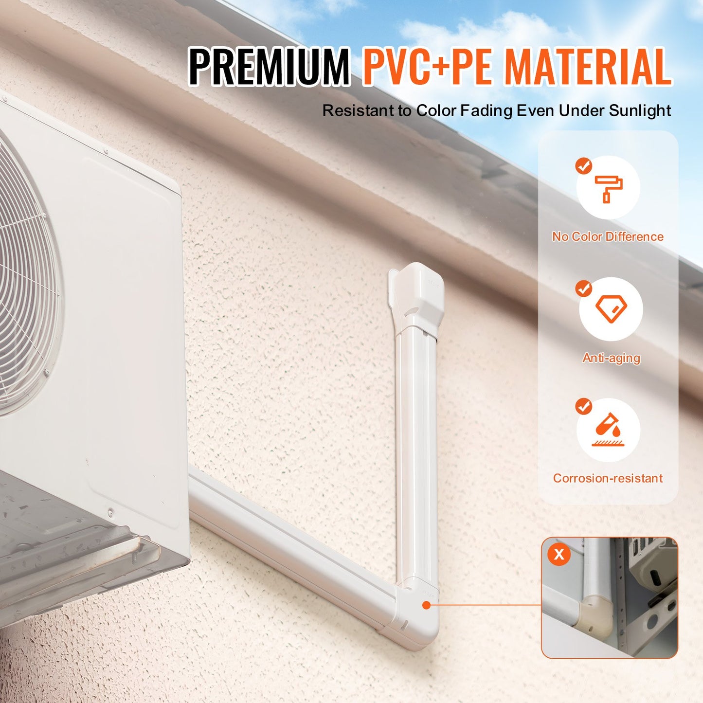 Mini Split Line Set Cover 76.2 mm W 2270 mm L, decorative PVC pipeline cover for air conditioning with 2 straight ducts and complete components Easy to install, paintable for heat pumps, white