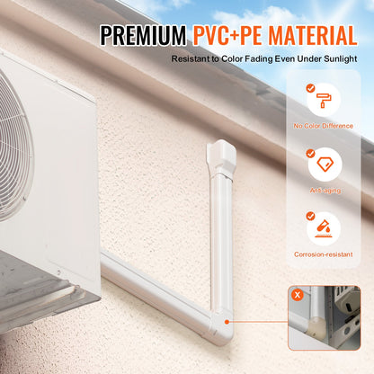 Mini Split Line Set Cover 76.2 mm W 2270 mm L, decorative PVC pipeline cover for air conditioning with 2 straight ducts and complete components Easy to install, paintable for heat pumps, white