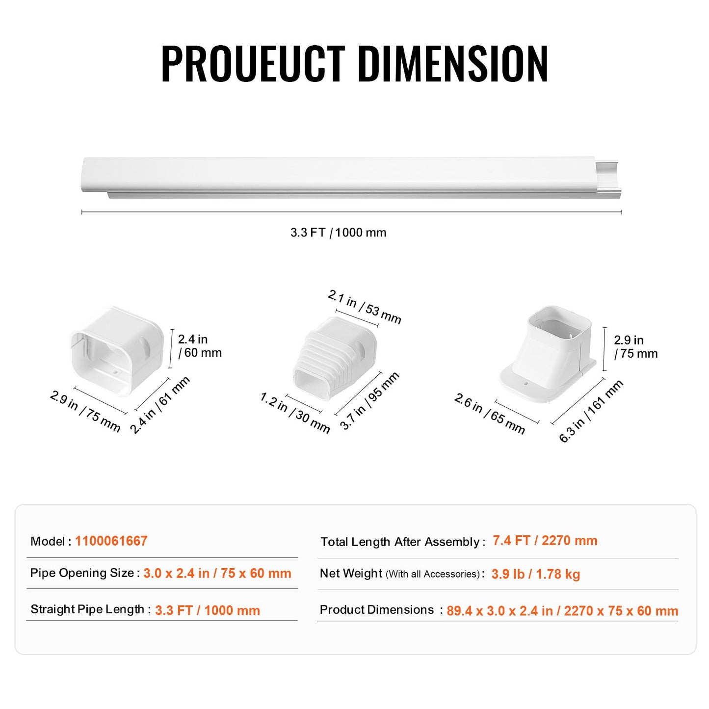 Mini Split Line Set Cover 76.2 mm W 2270 mm L, decorative PVC pipeline cover for air conditioning with 2 straight ducts and complete components Easy to install, paintable for heat pumps, white