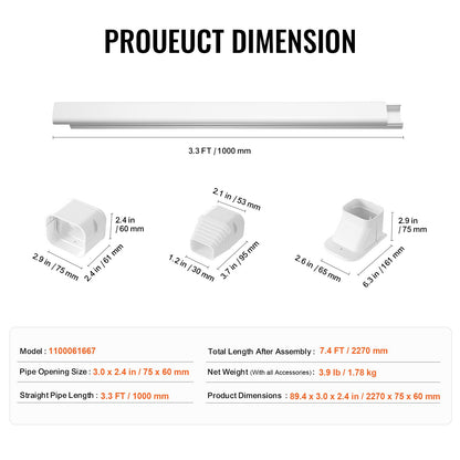 Mini Split Line Set Cover 76.2 mm W 2270 mm L, decorative PVC pipeline cover for air conditioning with 2 straight ducts and complete components Easy to install, paintable for heat pumps, white