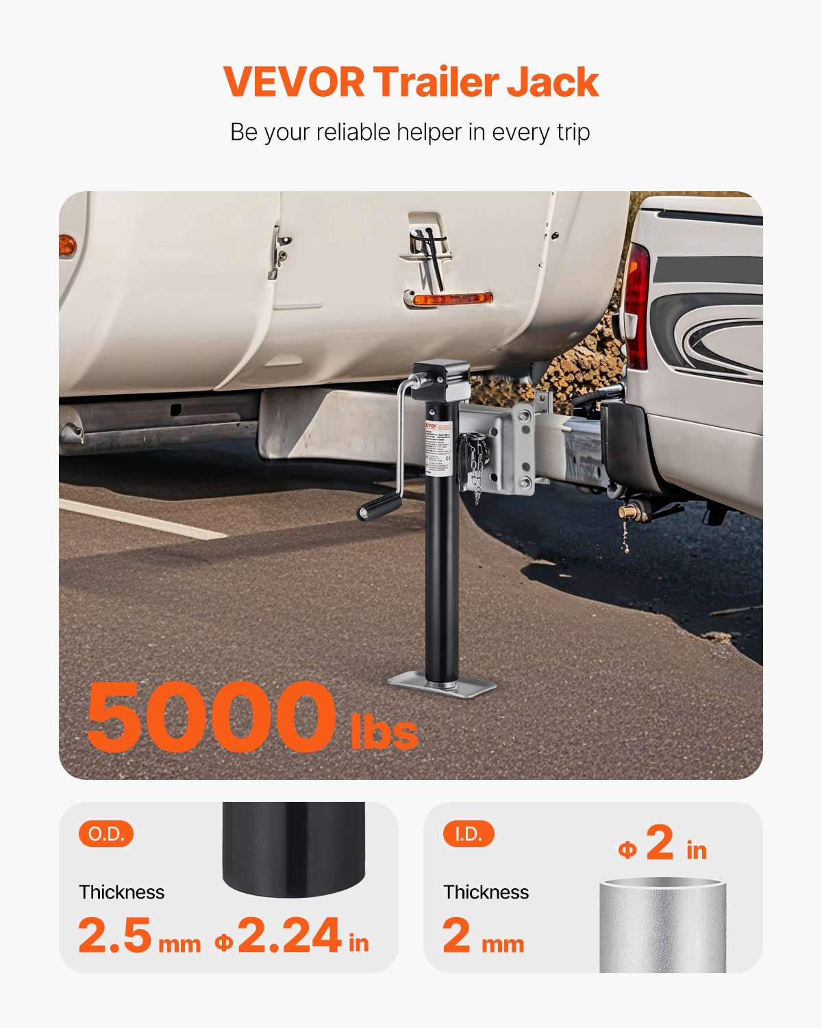 Trailer Jack Bolt-on Trailer Tongue Jack 5000 lbs Dynamic Load 14.3" Lift