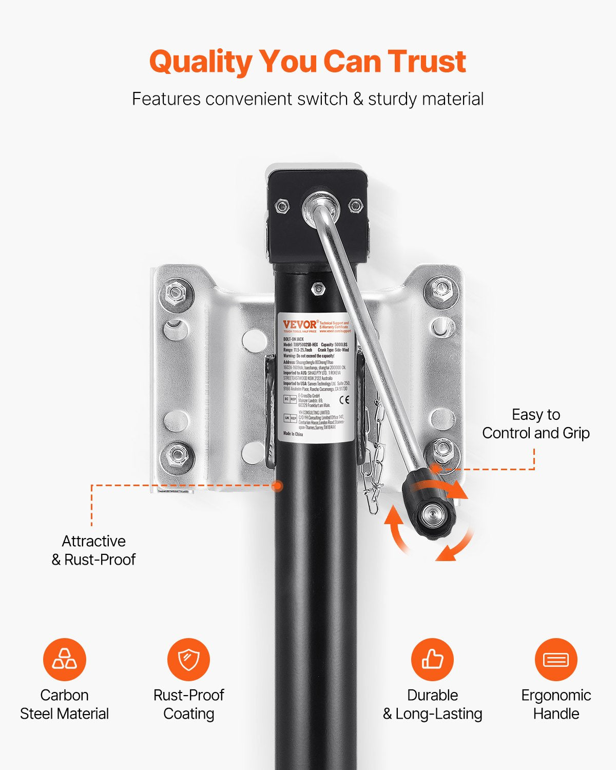 Trailer Jack Bolt-on Trailer Tongue Jack 5000 lbs Dynamic Load 14.3" Lift