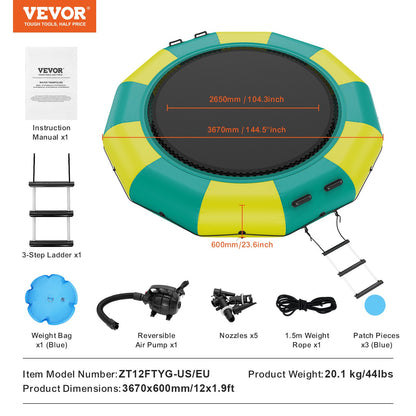 12ft Inflatable Water Trampoline Swimming Platform Bouncer for Pool Lake Toy