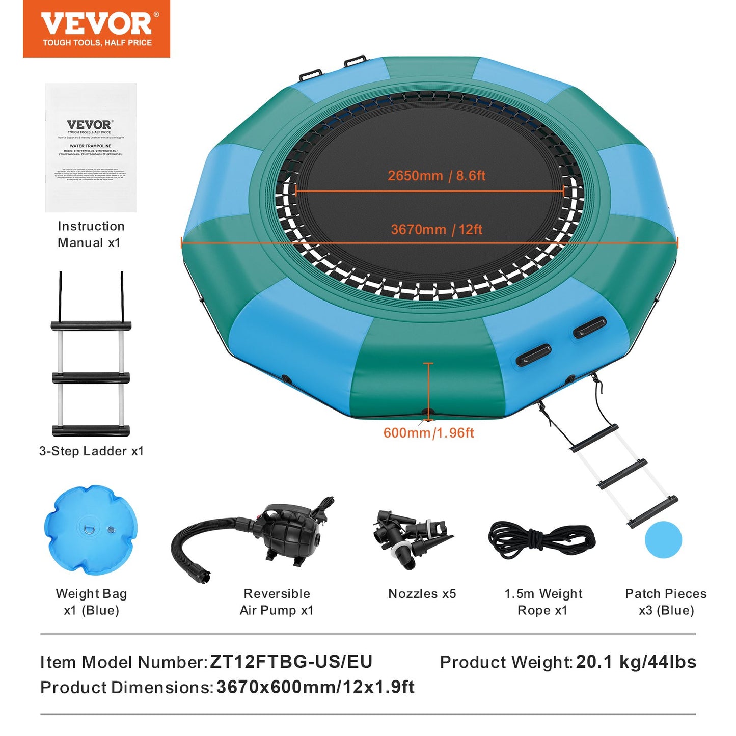 12ft Aufblasbare Wasser Trampolin Schwimmen Plattform Türsteher für Pool See Spielzeug