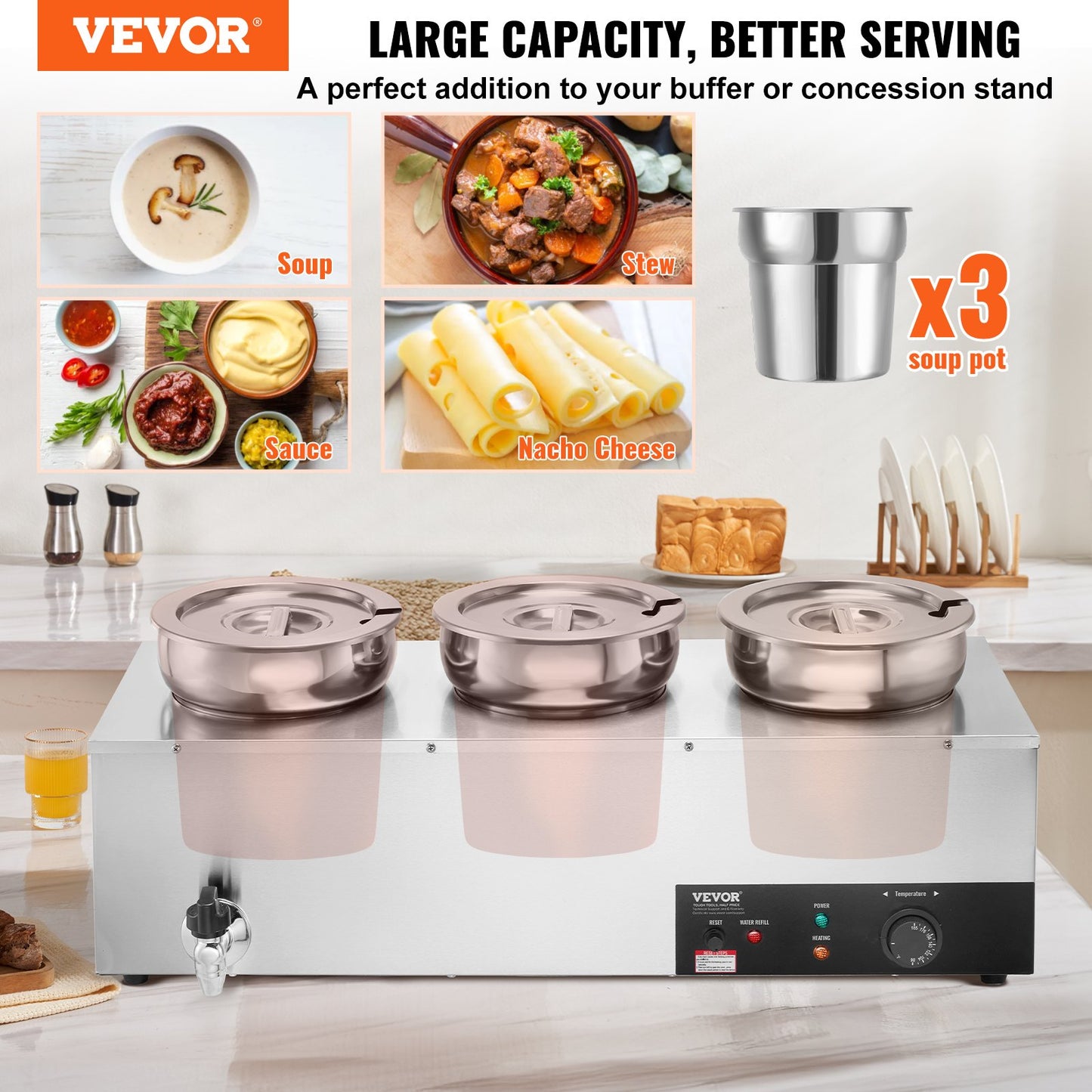 Commercial Soup Warmer Soup Station med 3*7,4Qt Pot Soup Vattenkokare